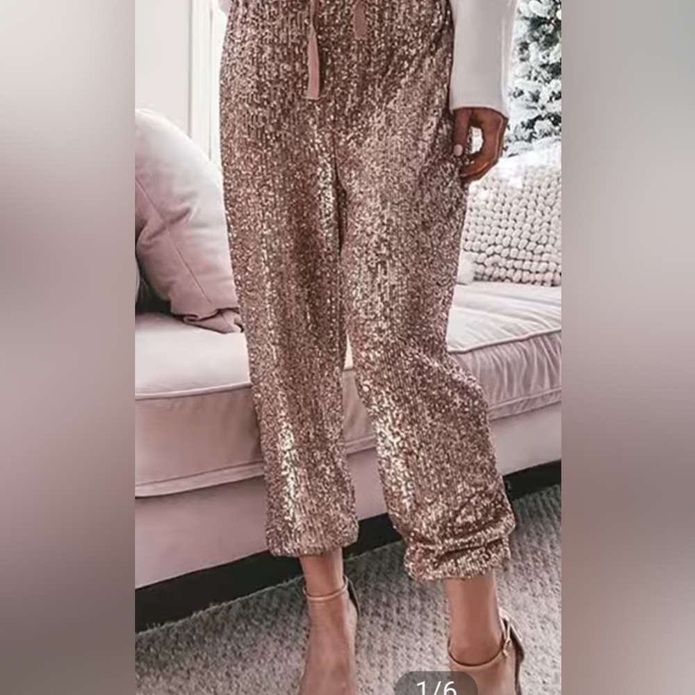 Drawstring Design Shiny Sequins Cuffed Pants Part… - image 5